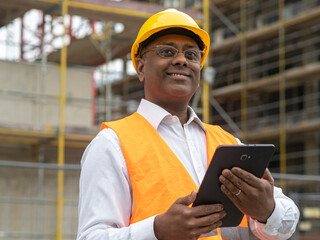 Smiling Indian engineer at work holding his digital tablet computer