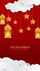 Naklejka premium Eid ramadan mubarak background for social media stories template banners. Arabic islamic middle east lantern moon crescent mosque design for social media template