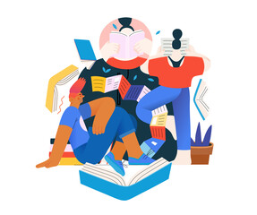 Books graphics -book week events. Modern flat vector concept illustrations of reading people - a group of men and women reading and sharing books and e-books on tablets sitting surrounded by plants