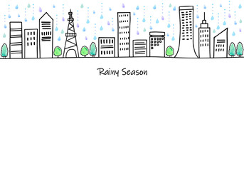 Fototapeta premium 雨の街のシンプル手描き線画イラスト