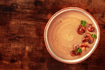 Mushroom soup, shot from above on a dark rustic wooden background with copy space