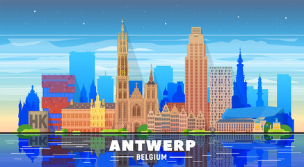 Antwerpen (België) skyline met panorama op witte achtergrond. Vectorillustratie. Zakenreizen en toerisme concept met moderne gebouwen. Afbeelding voor presentatie, banner, website.