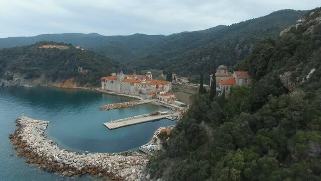 A wonderful view of the Athos Monastery, surrounded by magnificent southern nature.