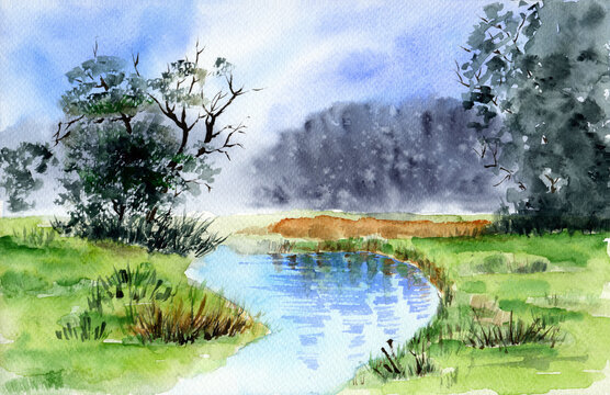 Watercolor illustration of a landscape with a river flowing among green grassy banks, with green trees and distant dark blue