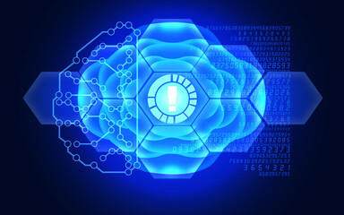 Exclamation Point Symbol is Reflecting Over Futuristic Electronic Circuit in 3D Brain Symbol