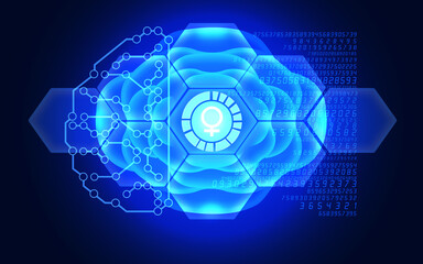 Female Gender Symbol is Reflecting Over Futuristic Electronic Circuit in 3D Brain Symbol