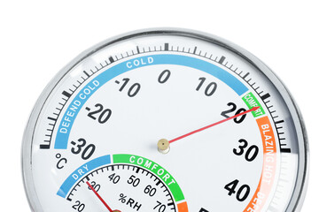 Round mechanical hygrometer on white background, closeup. Meteorological tool - obrazy, fototapety, plakaty