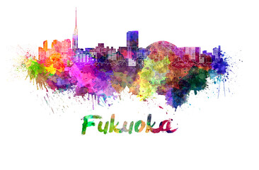 Fukuoka skyline in watercolor