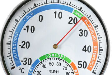 Round mechanical hygrometer on white background, closeup. Meteorological tool - obrazy, fototapety, plakaty