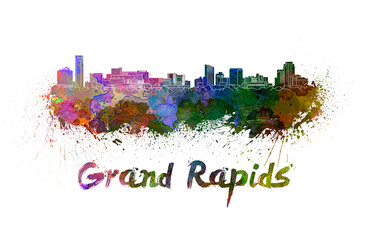 Grand Rapids skyline in watercolor