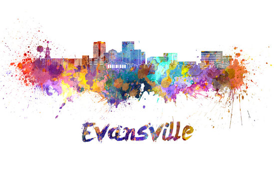 Evansville skyline in watercolor splatters with clipping path