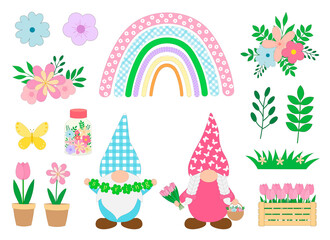 Spring Gnomes flowers rainbow vector illustration