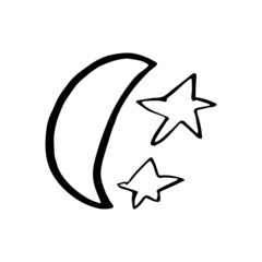 Simple doodle moon, stars. Hand drawn moon, isolated on white backdrop. Vector illustration for  cards, posters, wrapping and design. 