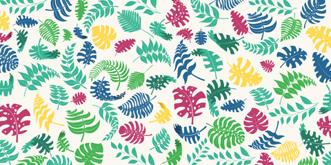 Background with exotic jungle plants. Tropical palm leaves. Rainforest illustration, multicolored on white.