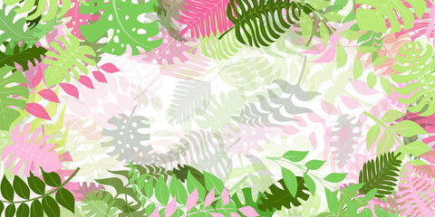Background with exotic jungle plants. Tropical palm leaves. Rainforest illustration, multicolored on white.