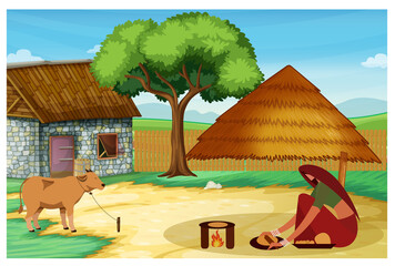 Young woman cooking meal in traditional dress in her village. Vector Illustration.  - obrazy, fototapety, plakaty