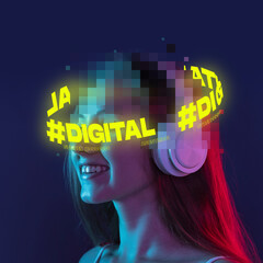 Contemporary art. Young smiling woman with pixel head elements and neon lettering around listening...