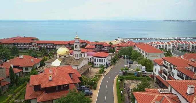 Drone view of the Orthodox Church of Saint Vlasiy in Sveti Vlas and Popular summer resort in Bulgaria