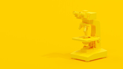 Yellow microscope on yellow background. Space for banner and logo. Minimal idea concept, 3D Render.