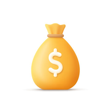 Money bag with dollar icon. Cash, interest rate, business and finance, return on investment, financial solution, prepayment and down payment concept. 3d vector icon. Cartoon minimal style.