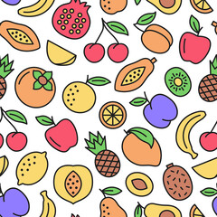 Fruit seamless background. Colorful pattern with apple, banana, apricot, cherry, orange, lemon, pear. Vegetarian food texture. Vector illustration.
