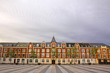 Fototapeta na wymiar Panoramic view of Market Square (Axeltorv) in Fredericia city, Denmark