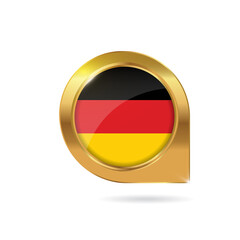 Flag of Germany, location map pin, pointer flag, button with the reflection of light and shadow, gold frame, Icon country. Realistic vector illustration on white background