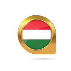 Flag of Hungary, location map pin, pointer flag, button with the reflection of light and shadow, gold frame, Icon country. Realistic vector illustration on white background