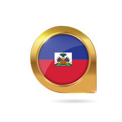 Flag of Haiti, location map pin, pointer flag, button with the reflection of light and shadow, gold frame, Icon country. Realistic vector illustration on white background