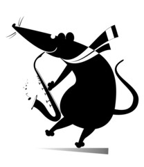 Rat or mouse a saxophonist isolated illustration. Funny rat or mouse plays music on saxophonist with great inspiration black on white