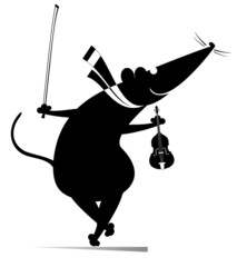 Cartoon rat or mouse plays violin illustration. Comic rat or mouse holds violin and fiddlestick isolated on white illustration