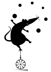 Equilibrist rat or mouse rides on the unicycle and juggles the balls illustration. Funny rat or mouse balances on the unicycle and juggles the balls black on white