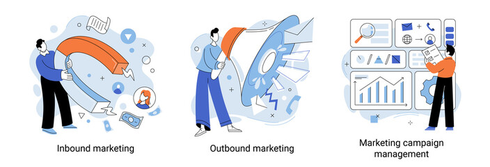 Inbound and outbound marketing technology. People work with advertising and promoting via Internet. Buyer acquisition, promotion strategy social media. Marketing campaign management concept metaphor