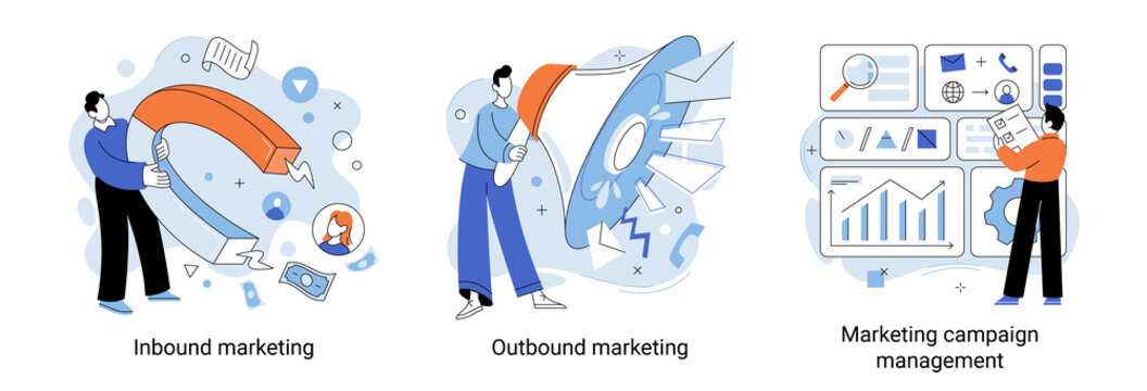 Inbound and outbound marketing technology. People work with advertising and promoting via Internet. Buyer acquisition, promotion strategy social media. Marketing campaign management concept metaphor