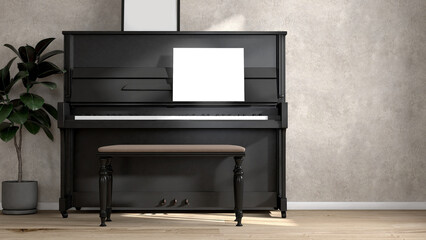 Realistic 3D render of an elegant shinny black grand piano and seat with blank music sheet set next to a beautiful india rubber fig plants. Classic, Modern, Background, Note, Concrete wall, Copy space © myboys.me