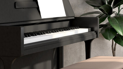Realistic 3D render close up of an elegant shinny black grand piano and seat with blank music sheet set beside concrete wall with a beautiful india rubber fig plants. Classic, Modern, Background, Note © myboys.me