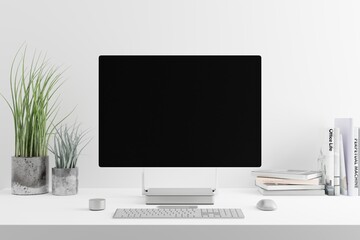 Modern white office desk computer monitor blank screen 3d render
