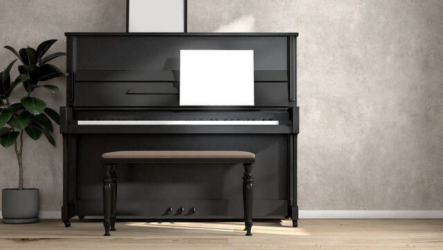 Realistic 3D render of an elegant shinny black grand piano and seat with blank music sheet set next to a beautiful india rubber fig plants. Classic, Modern, Background, Note, Concrete wall, Copy space
