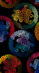 various ornaments in the form of circles with colorful stems