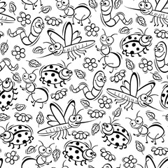 Seamless pattern with cute insects in doodle style. Hand drawn cute insects seamless pattern.