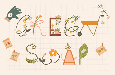 Invitation poster for green swap party with illustrated letters. Drawn letters in the form of garden tools, flowers and plants.