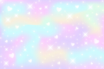 Fototapeta premium Rainbow fantasy background. Holographic illustration in pastel colors. Multicolored sky with stars and hearts. Vector