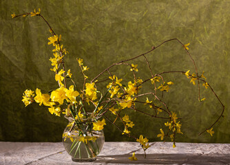 spring bouquet with narcissus and forsythia