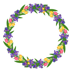 Obraz premium Round wreath of tulip and iris flowers. Frame with spring blooming composition with plants and leaves. Festive decoration for wedding, holiday, postcard and design. Vector flat illustration