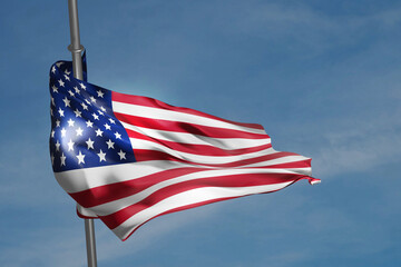 Fototapeta premium American flag waving in the wind on blue sky background. Old Glory on flagpole. 3D render illustration.