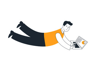 Man is working at a laptop, a flat vector illustration.