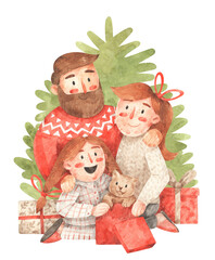 Happy family with Christmas gifts under the Christmas tree. Hand-drawn watercolor illustration of mother, father and daughter open Christmas or New Year gift boxes. Template for greeting card
