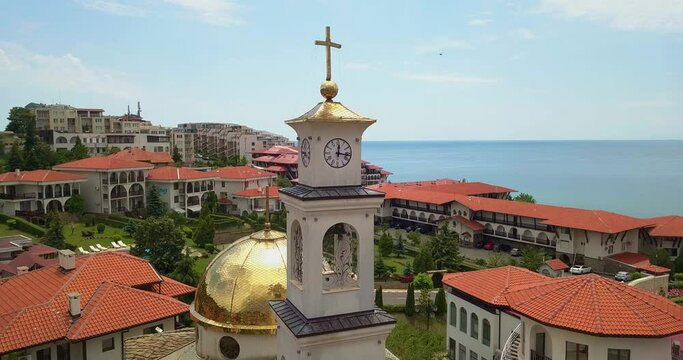 Drone aerial video of the Orthodox Church of Saint Vlasiy in Sveti Vlas by the sea, Popular summer resort Bulgaria