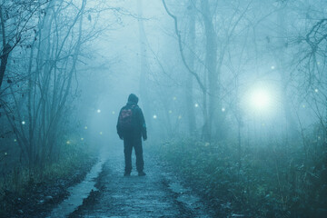 A hiker standing in a spooky forest. Looking at glowing supernatural orbs of light. On a eerie, foggy winters day