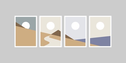 Set of nature landscape with mountain,sea,sun or moon poster vector illustration design